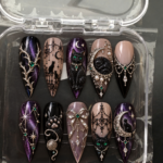 Black Cat Press-On Nails – Purple & Silver Long Stiletto - Cat Lovers Nail Art Set - Artificial Nails - Thumbnail Image 2