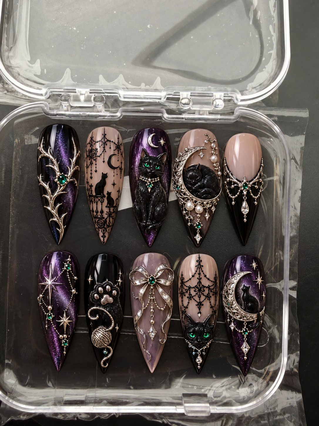 Black Cat Press-On Nails – Purple & Silver Long Stiletto - Cat Lovers Nail Art Set - Artificial Nails - Image 2
