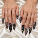 Black Cat Press-On Nails – Purple & Silver Long Stiletto - Cat Lovers Nail Art Set - Artificial Nails - Thumbnail Image 3