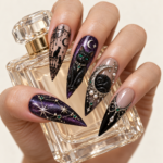 Black Cat Press-On Nails – Purple & Silver Long Stiletto - Cat Lovers Nail Art Set - Artificial Nails - Thumbnail Image 4