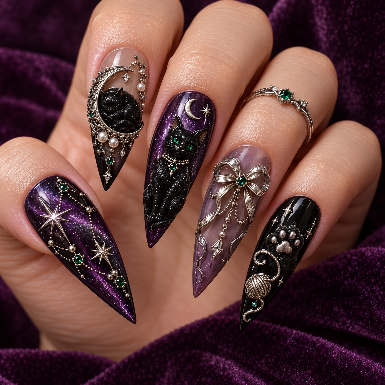 Black Cat Press-On Nails – Purple & Silver Long Stiletto - Cat Lovers Nail Art Set - Artificial Nails - Image 1